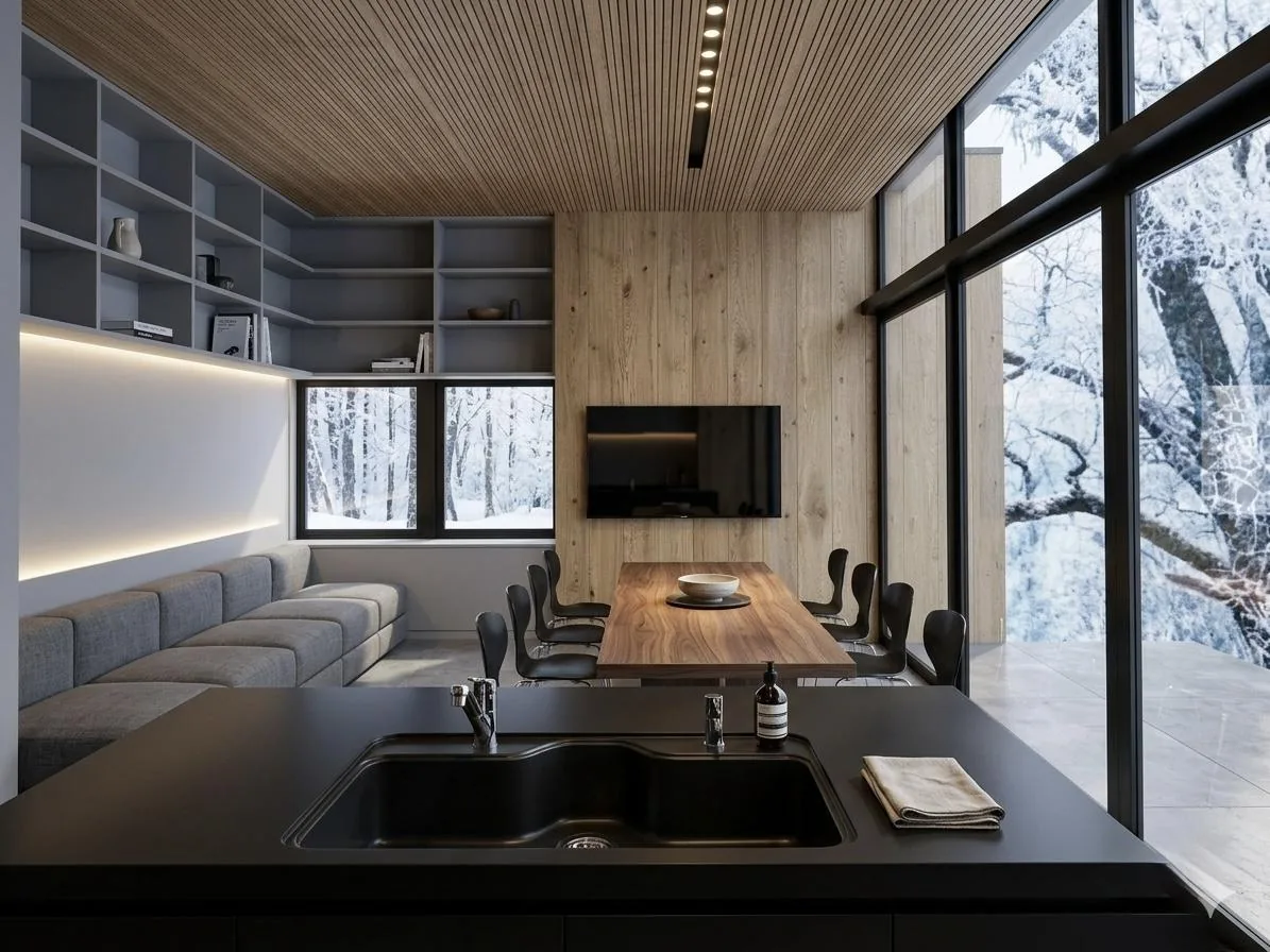 OKU — Living and dining with walnut and wood ceiling