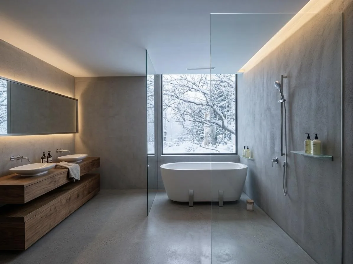 OKU — Bathroom with concrete walls and walnut vanity