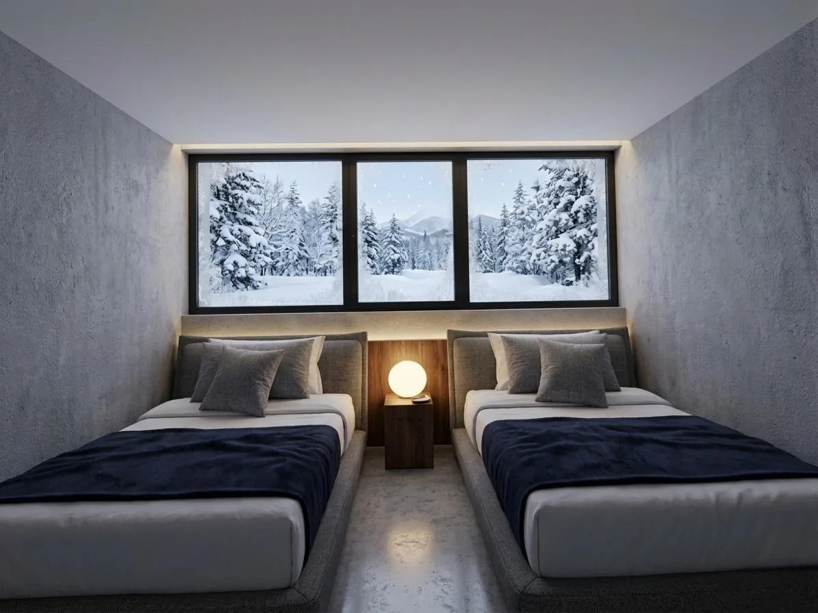 OKU — Twin bedroom with wide window onto winter forest
