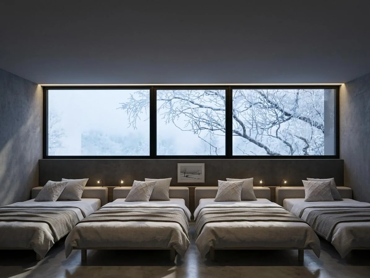 OKU — Four-bed room with horizontal window onto trees